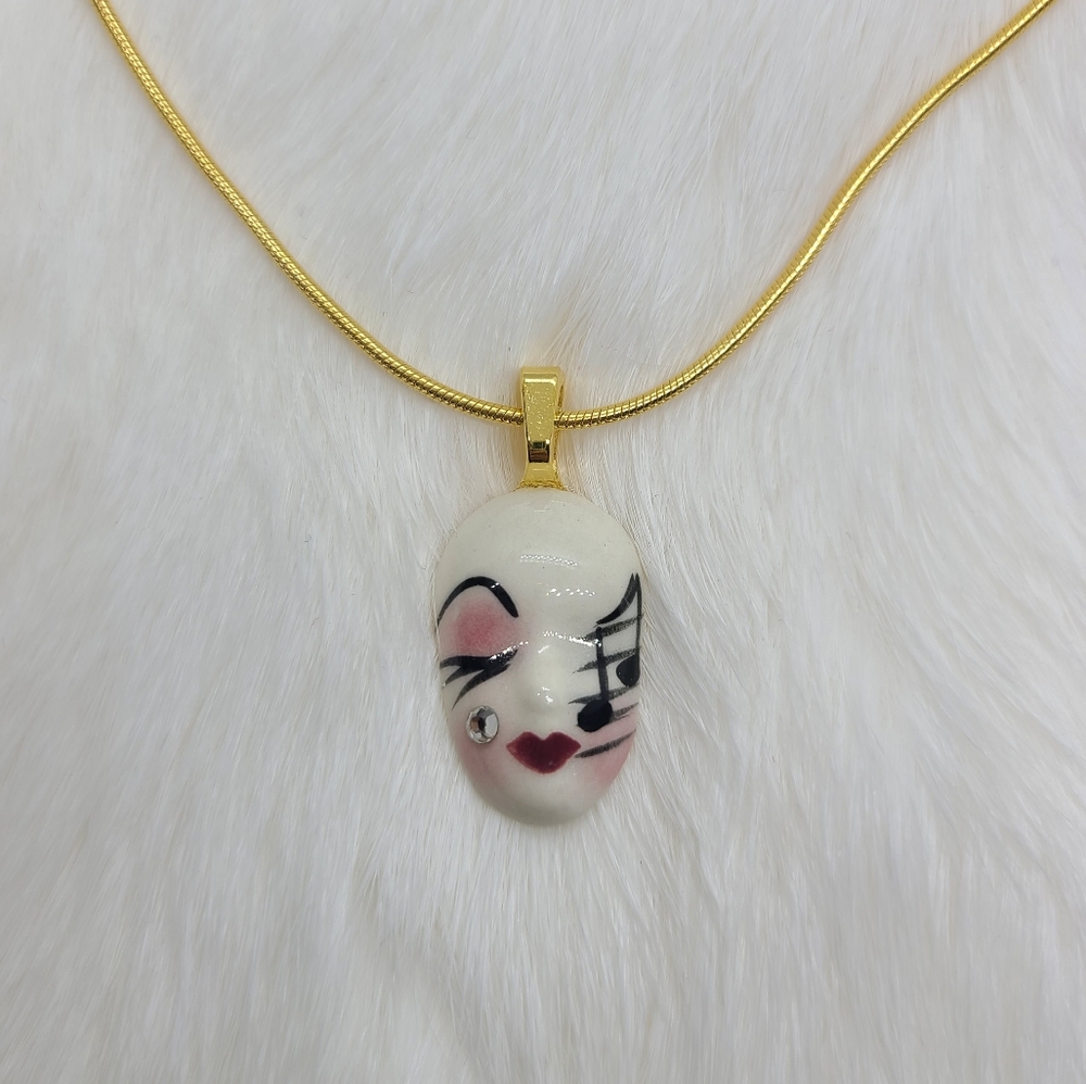 Vintage Fancy Faces Hand Painted Porcelain Music Note Mask Mini Pendant Necklace